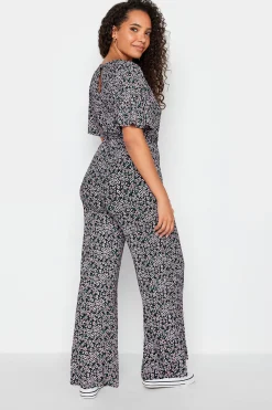 M&Co Womens M&Co Black Ditsy Print Wrap Wide Leg Jumpsuit