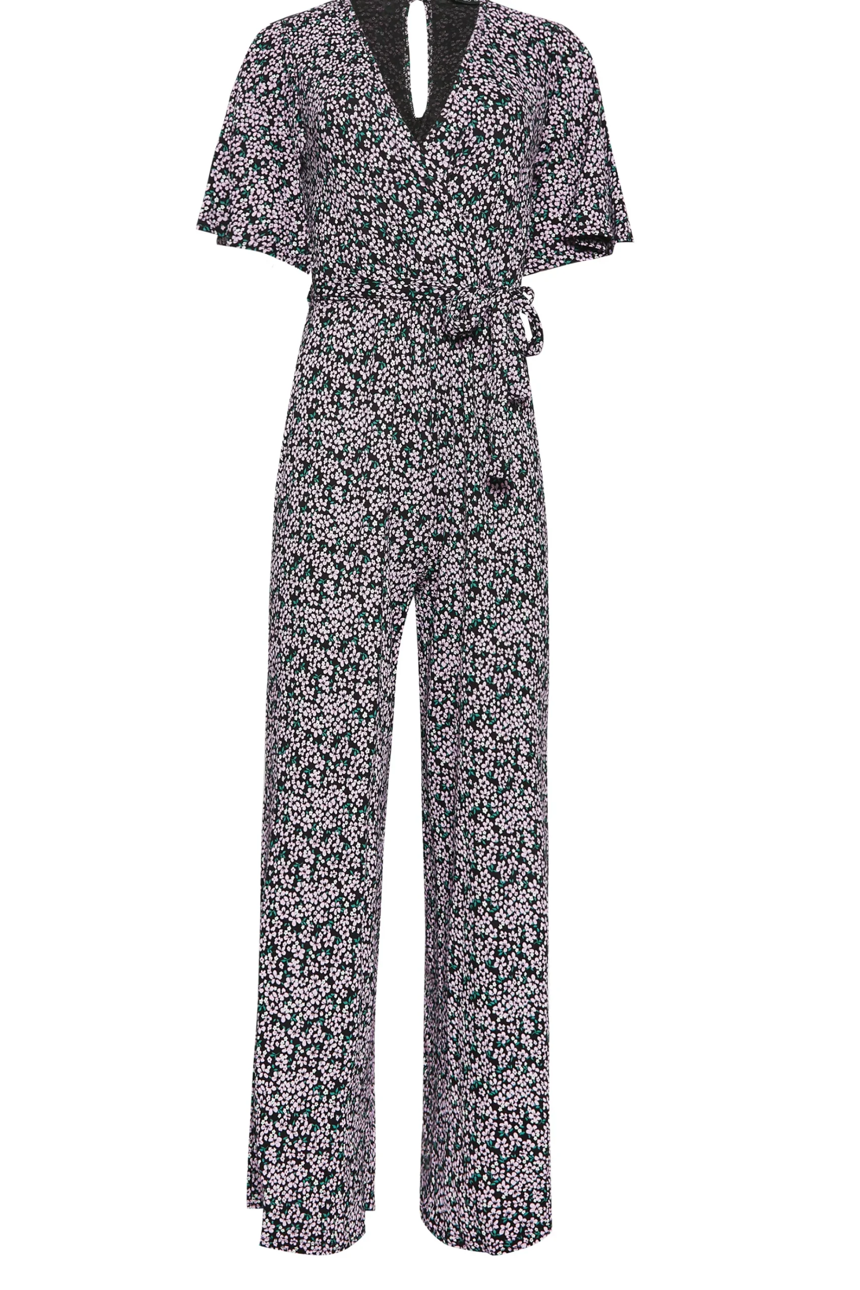 M&Co Womens M&Co Black Ditsy Print Wrap Wide Leg Jumpsuit