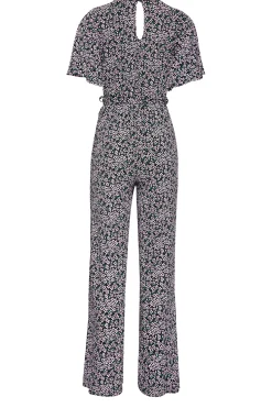 M&Co Womens M&Co Black Ditsy Print Wrap Wide Leg Jumpsuit