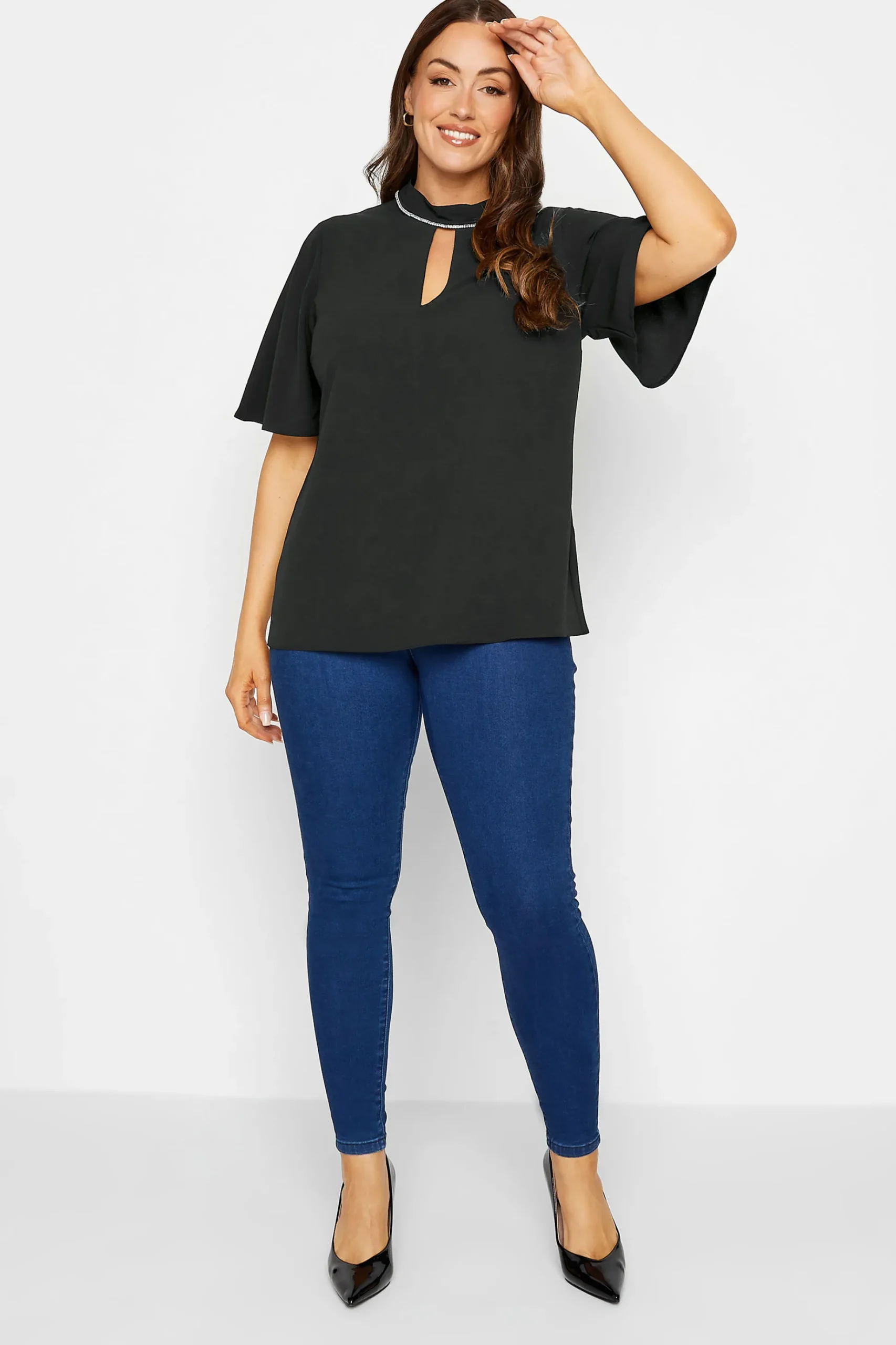 M&Co Womens M&Co Black Embellished Neck Keyhole Blouse