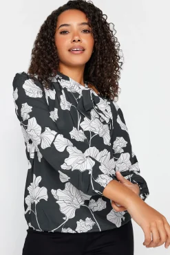 M&Co Womens M&Co Black Floral Print Tie Neck Bubble Hem Blouse