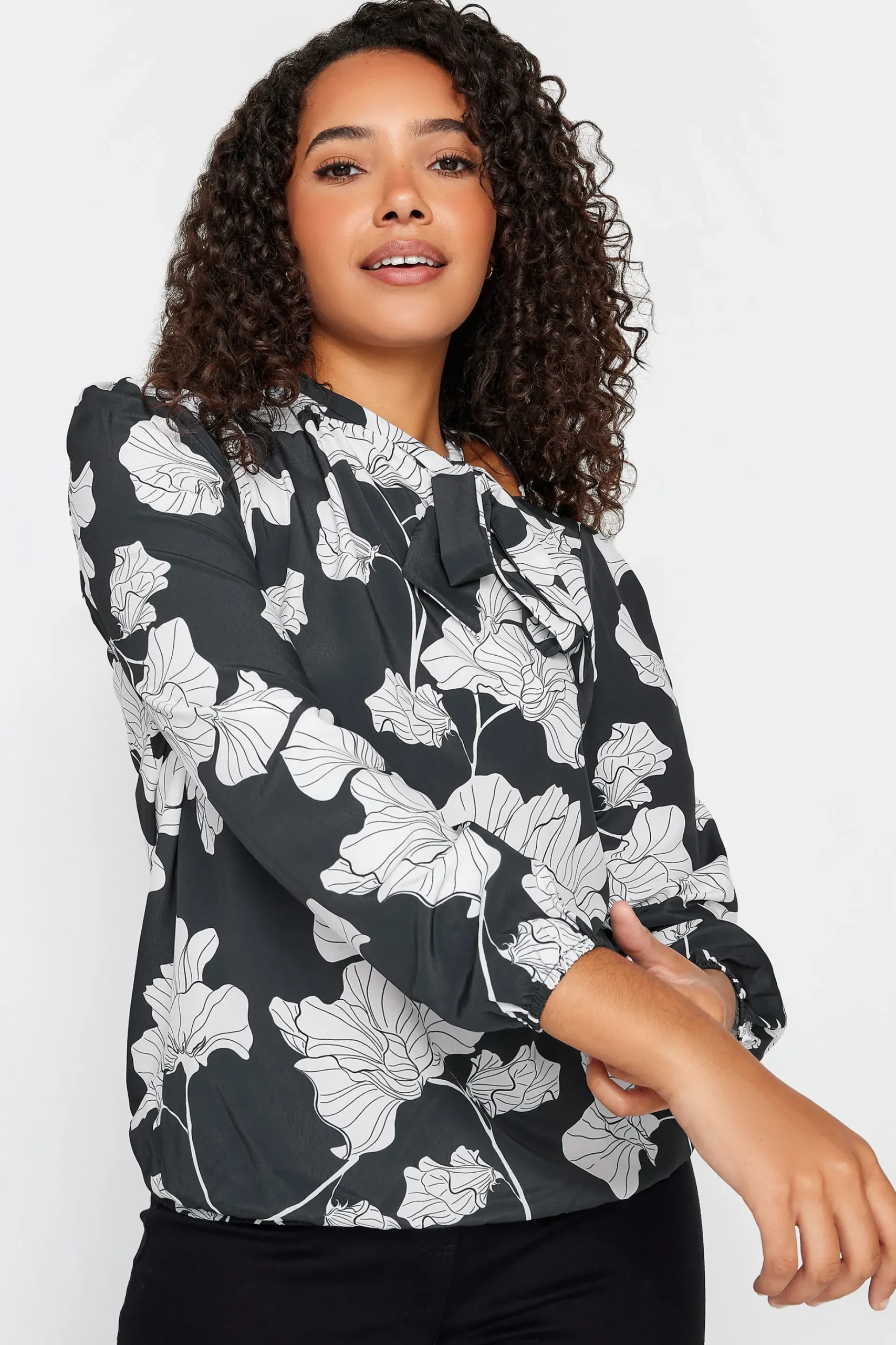 M&Co Womens M&Co Black Floral Print Tie Neck Bubble Hem Blouse