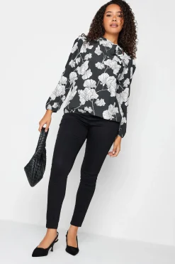 M&Co Womens M&Co Black Floral Print Tie Neck Bubble Hem Blouse