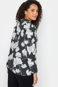 M&Co Womens M&Co Black Floral Print Tie Neck Bubble Hem Blouse