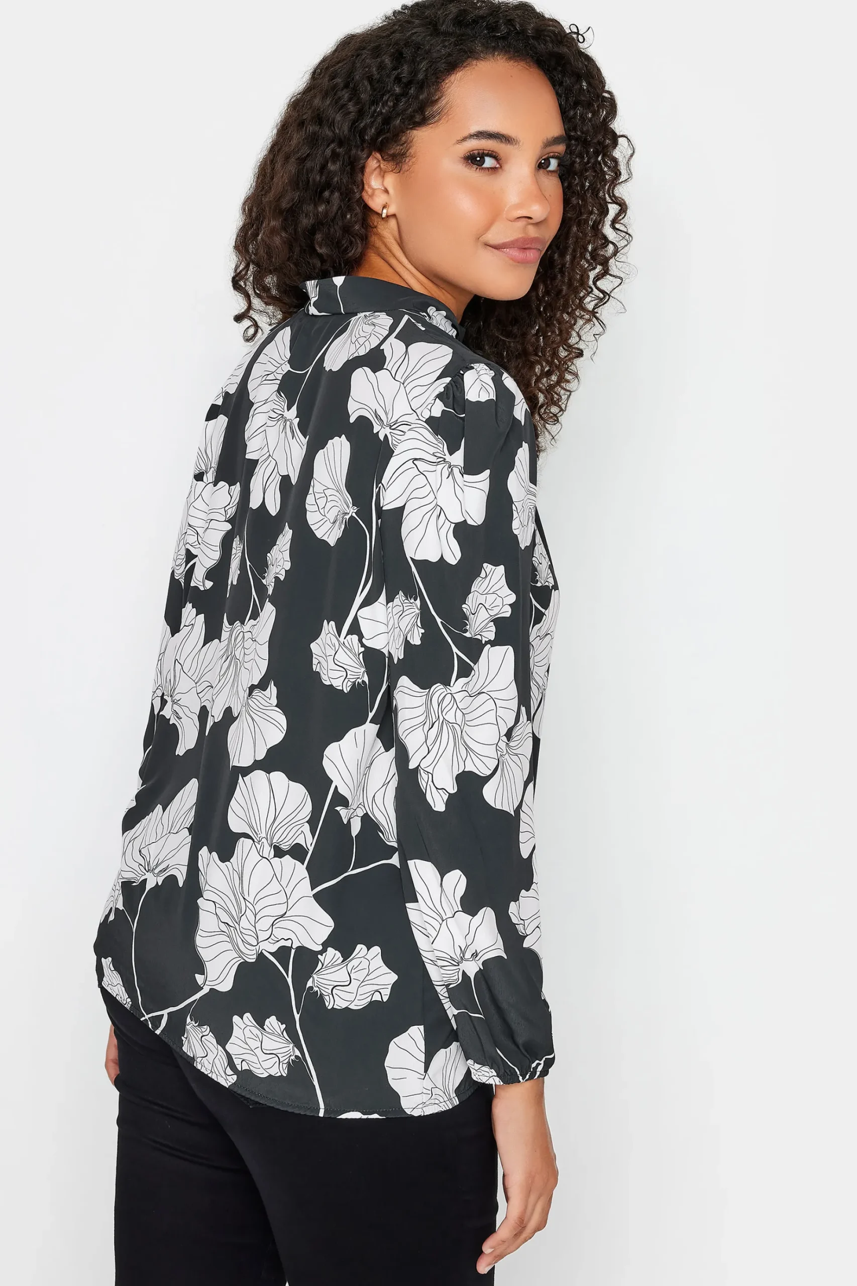 M&Co Womens M&Co Black Floral Print Tie Neck Bubble Hem Blouse
