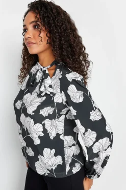 M&Co Womens M&Co Black Floral Print Tie Neck Bubble Hem Blouse