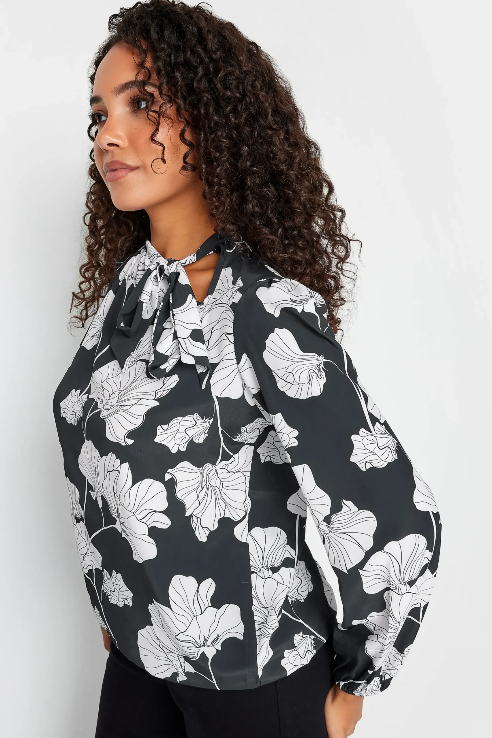 M&Co Womens M&Co Black Floral Print Tie Neck Bubble Hem Blouse