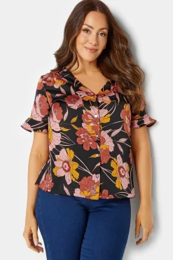 M&Co Womens M&Co Black Floral Print Frill Sleeve Blouse