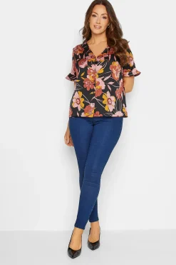 M&Co Womens M&Co Black Floral Print Frill Sleeve Blouse