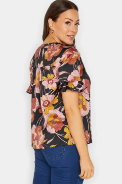 M&Co Womens M&Co Black Floral Print Frill Sleeve Blouse