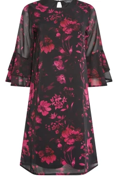 M&Co Womens M&Co Black Floral Print Flute Sleeve Shift Dress