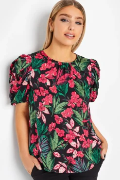 M&Co Womens M&Co Black Floral Print Puff Sleeve Blouse