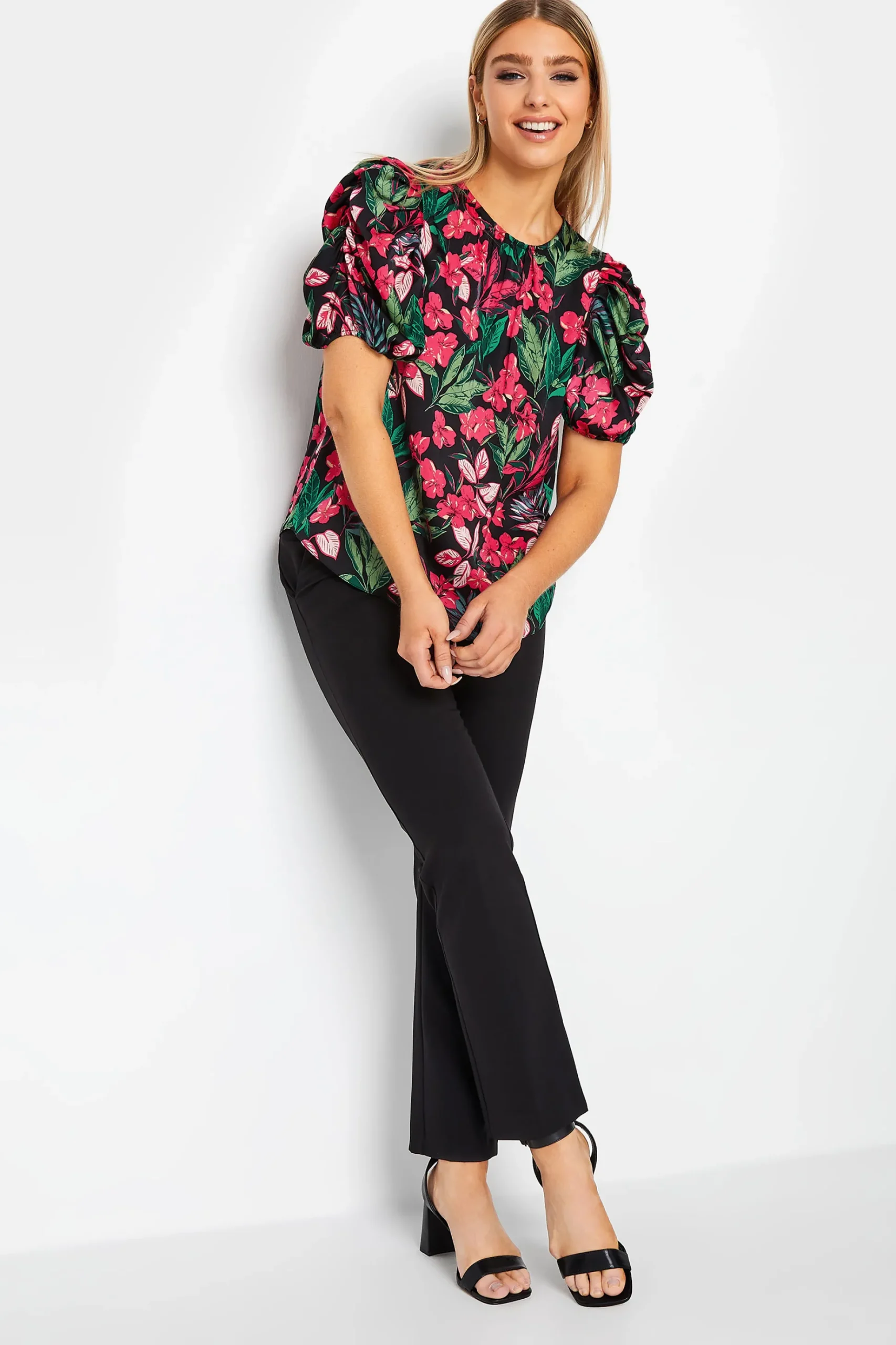M&Co Womens M&Co Black Floral Print Puff Sleeve Blouse