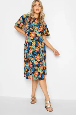 M&Co Womens M&Co Black Floral Print Angel Sleeve Split Hem Midi Dress