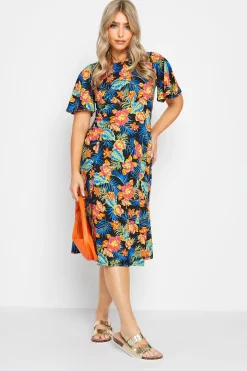 M&Co Womens M&Co Black Floral Print Angel Sleeve Split Hem Midi Dress