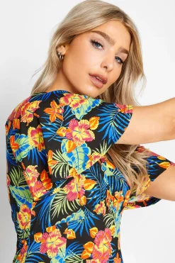 M&Co Womens M&Co Black Floral Print Angel Sleeve Split Hem Midi Dress