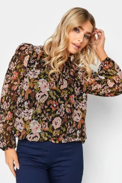 M&Co Womens M&Co Black Floral Print High Neck Blouse