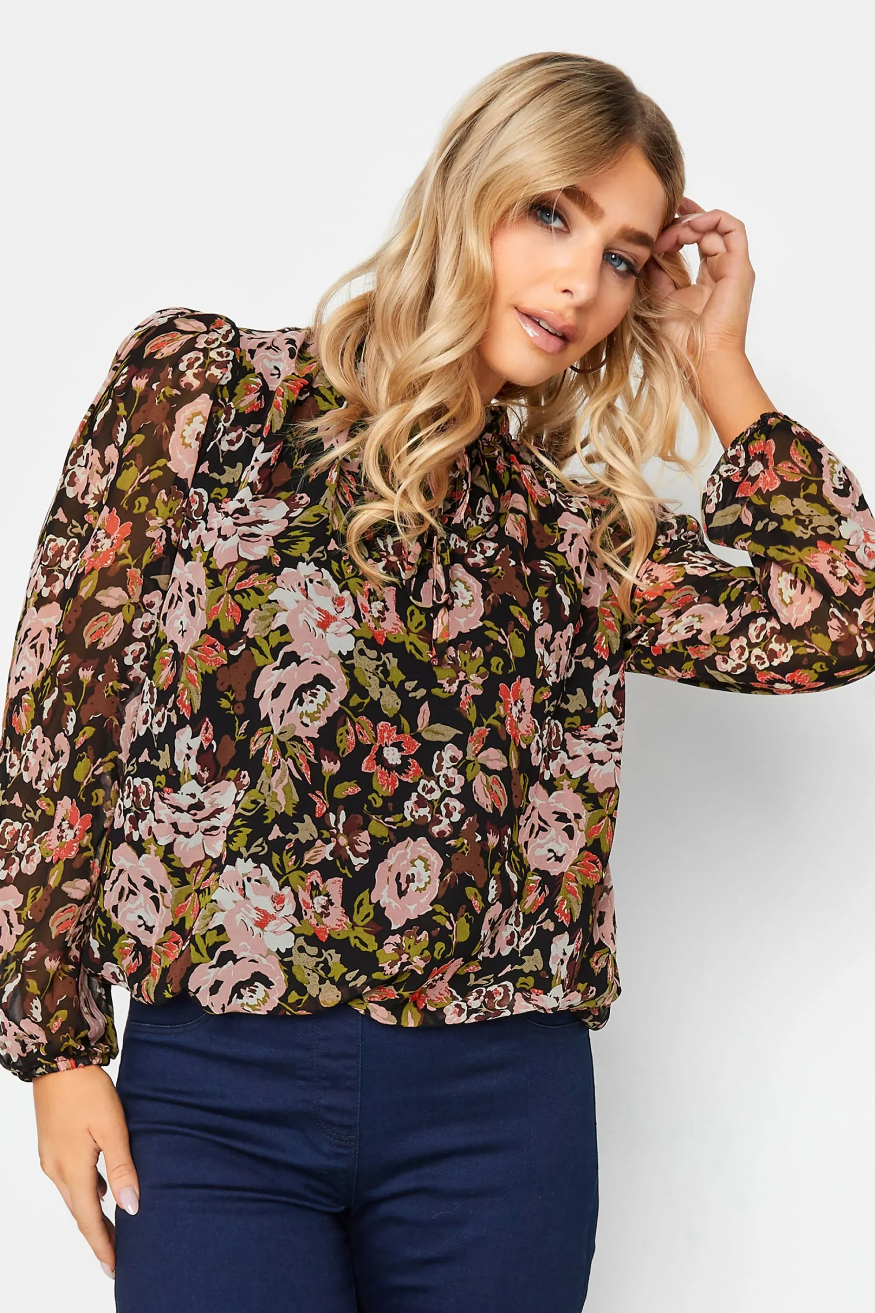 M&Co Womens M&Co Black Floral Print High Neck Blouse
