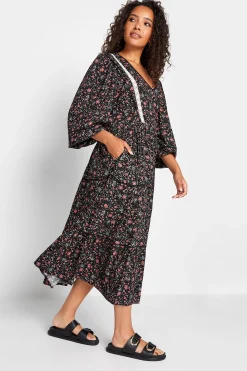 M&Co Womens M&Co Black Floral Print Crochet Trim Maxi Dress