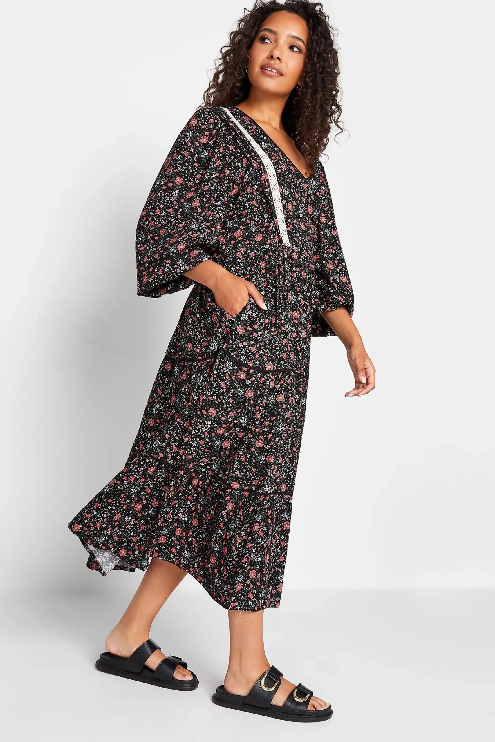 M&Co Womens M&Co Black Floral Print Crochet Trim Maxi Dress