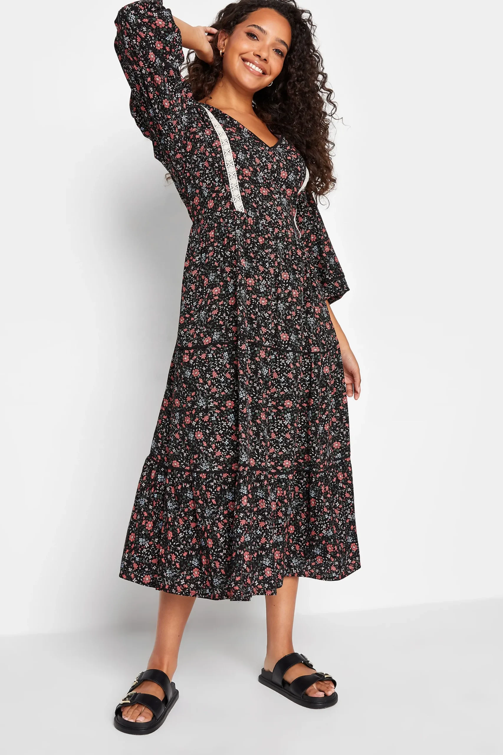 M&Co Womens M&Co Black Floral Print Crochet Trim Maxi Dress