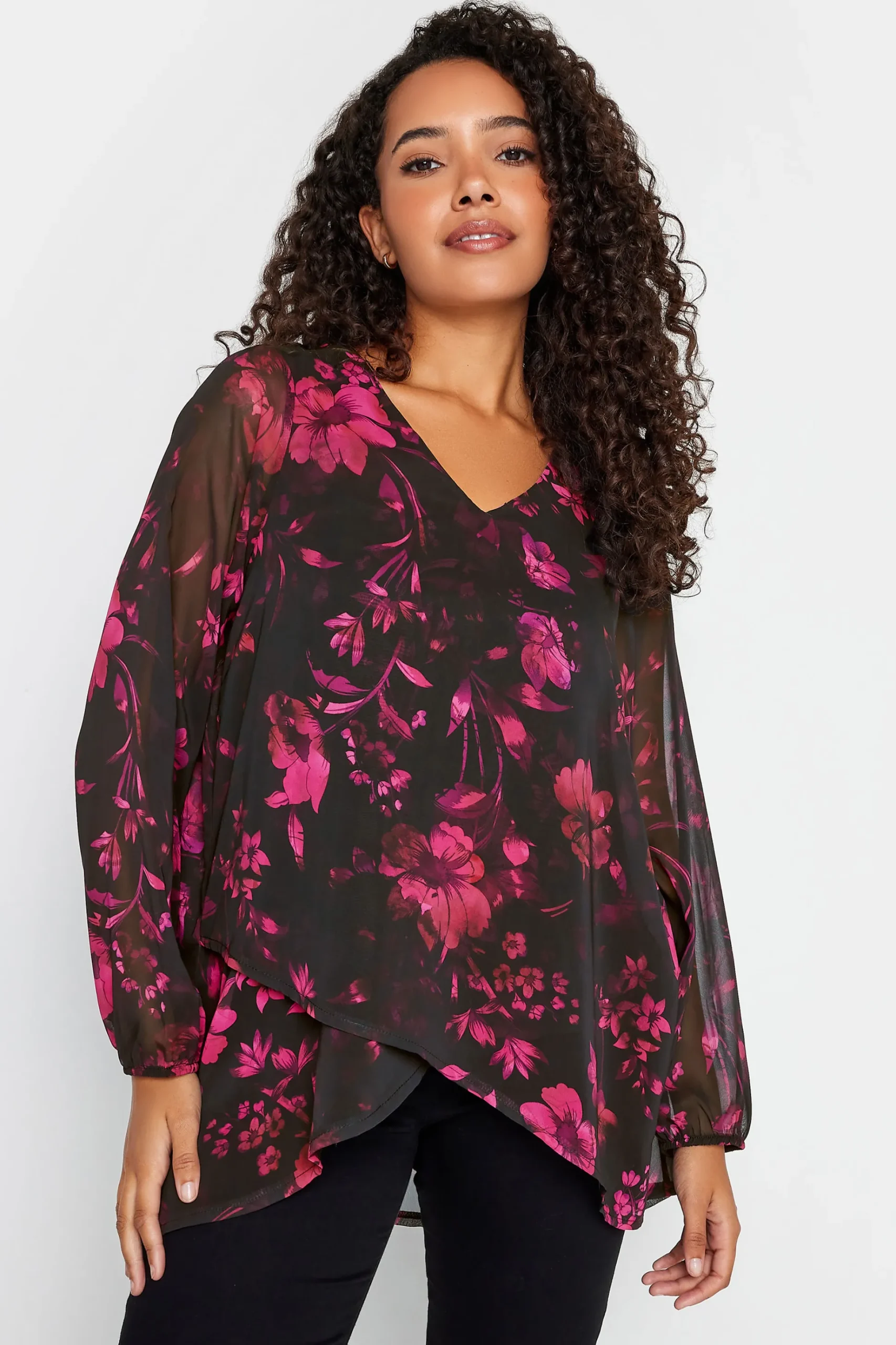 M&Co Womens M&Co Black Floral Print Wrap Hem Blouse