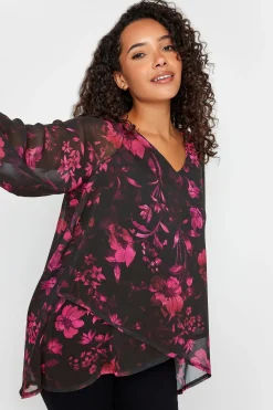 M&Co Womens M&Co Black Floral Print Wrap Hem Blouse