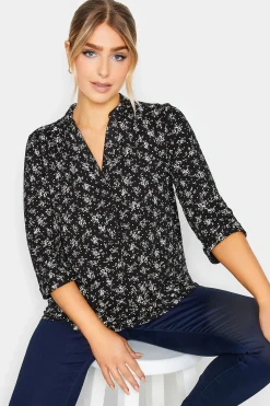 M&Co Womens M&Co Black Floral Print Half Placket Jersey Shirt