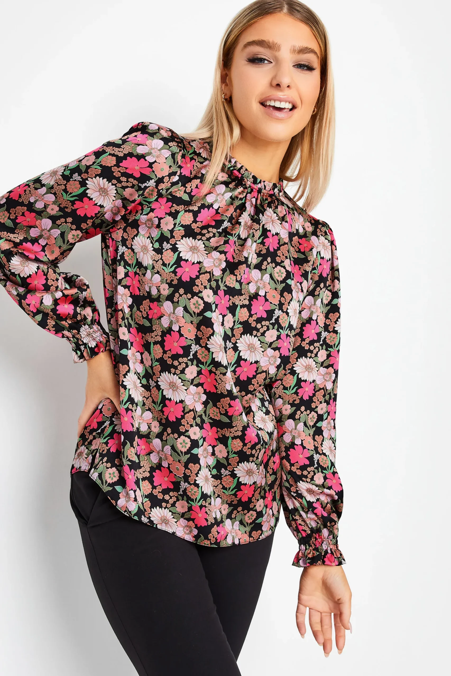 M&Co Womens M&Co Black Floral Print Frill Neck Blouse