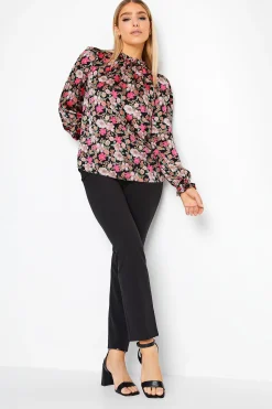 M&Co Womens M&Co Black Floral Print Frill Neck Blouse