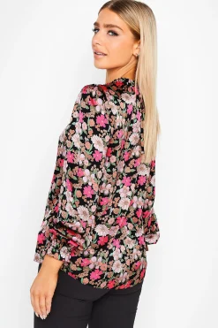 M&Co Womens M&Co Black Floral Print Frill Neck Blouse