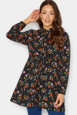 M&Co Womens M&Co Black Floral Print Tie Waist Tunic Shirt