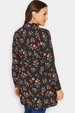 M&Co Womens M&Co Black Floral Print Tie Waist Tunic Shirt