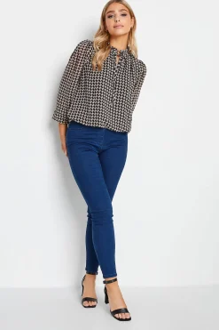 M&Co Womens M&Co Black Geometric Print Tie Neck Blouse