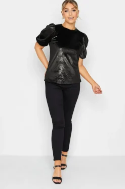 M&Co Womens M&Co Black Glitter Velvet Touch Ruched Sleeve Blouse