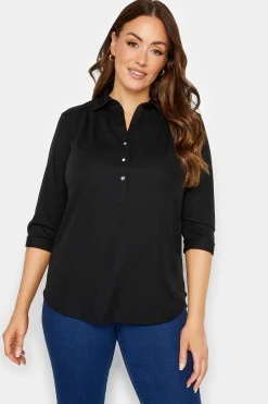 M&Co Womens M&Co Black Half Placket Jersey Open Collar Shirt