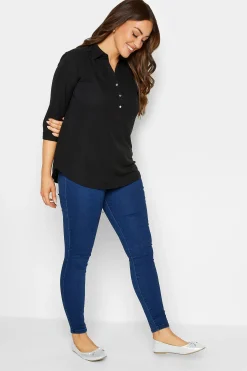 M&Co Womens M&Co Black Half Placket Jersey Open Collar Shirt