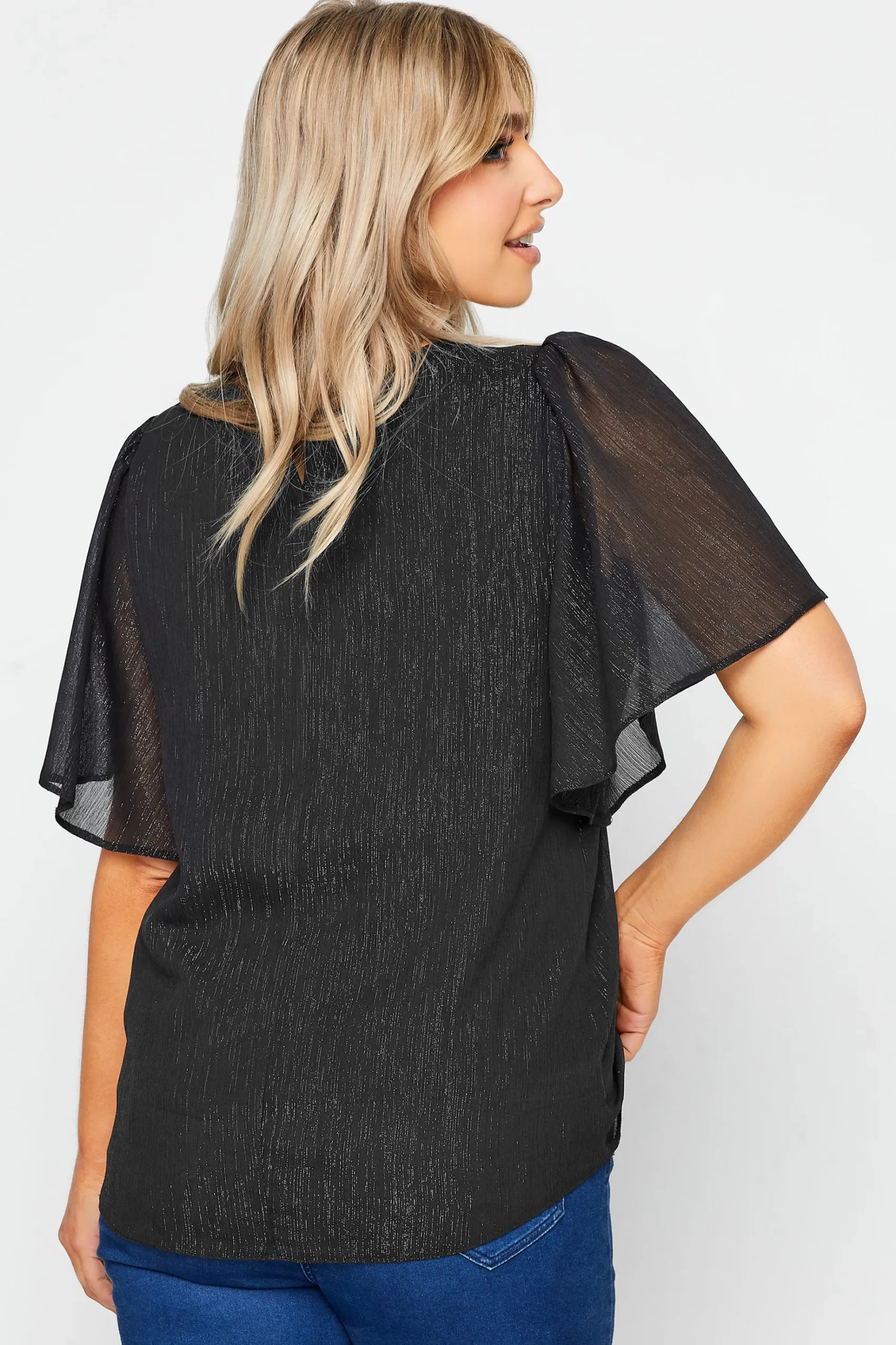M&Co Womens M&Co Black Metallic Angel Sleeve Blouse