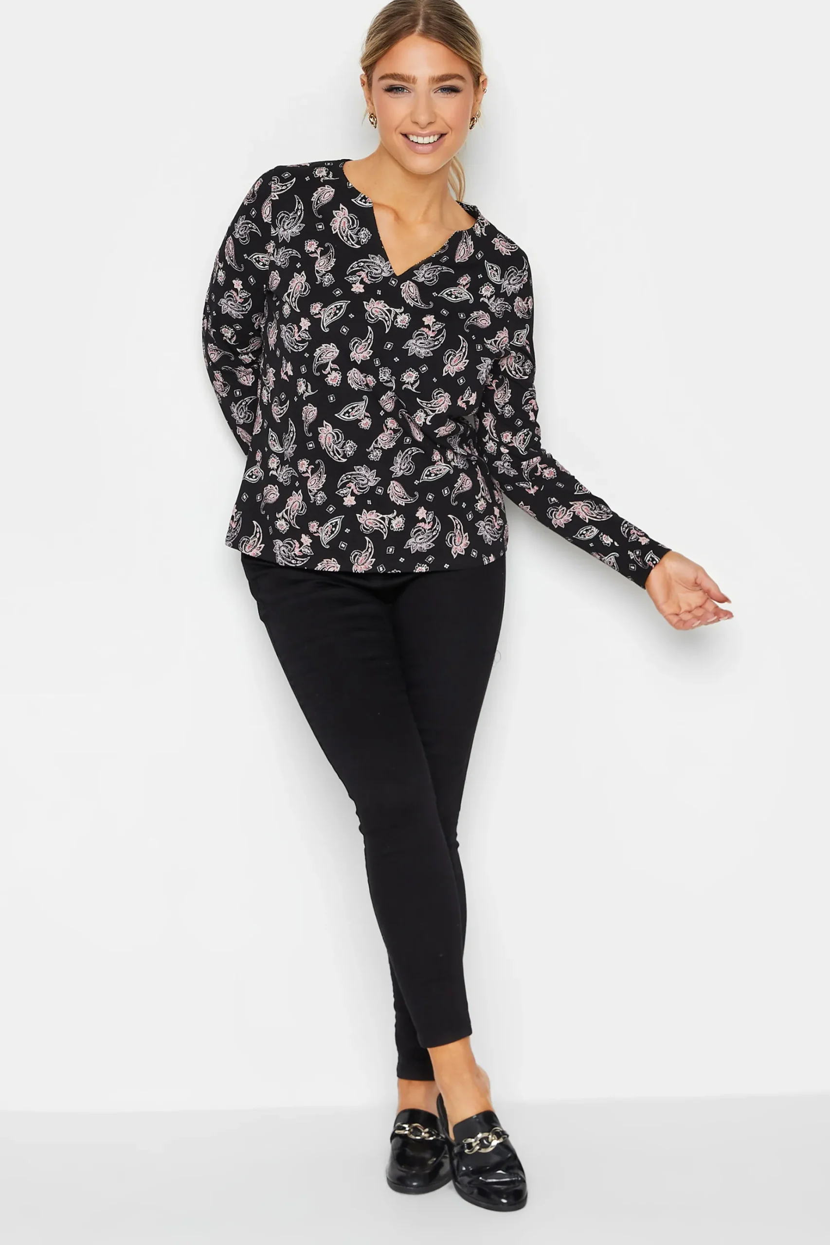 M&Co Womens M&Co Black Paisley Print Notch Neck Cotton T-Shirt