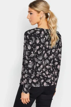 M&Co Womens M&Co Black Paisley Print Notch Neck Cotton T-Shirt