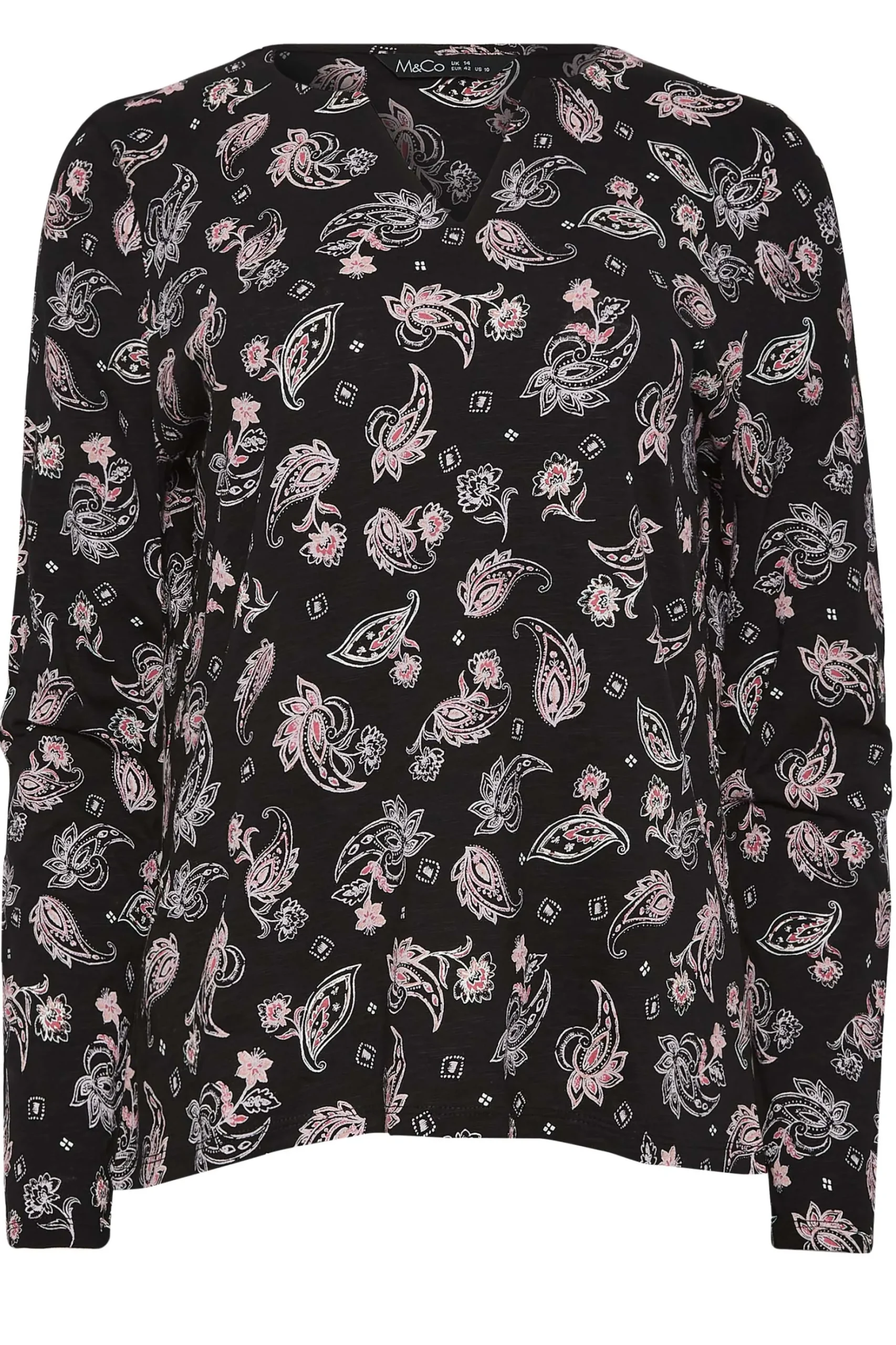 M&Co Womens M&Co Black Paisley Print Notch Neck Cotton T-Shirt