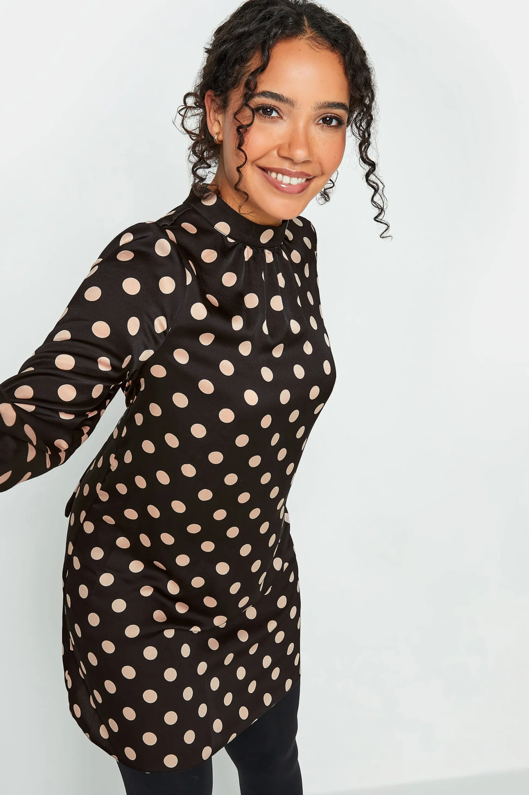 M&Co Womens M&Co Black Polka Dot Print High Neck Tunic Blouse
