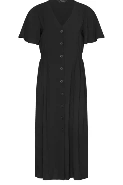 M&Co Womens M&Co Black Shirred Waist Button Through Midi Dress