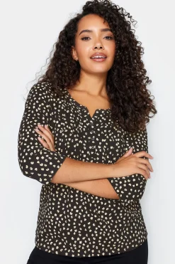 M&Co Womens M&Co Black Spot Print Cotton Henley Top