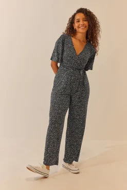 M&Co Womens M&Co Black Spot Print Wrap Wide Leg Jumpsuit