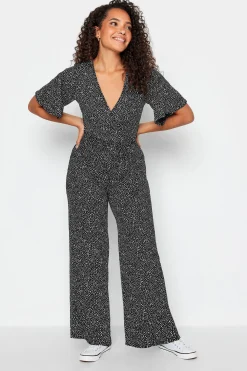 M&Co Womens M&Co Black Spot Print Wrap Wide Leg Jumpsuit