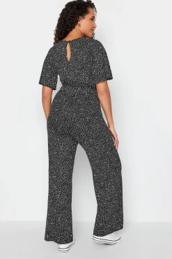 M&Co Womens M&Co Black Spot Print Wrap Wide Leg Jumpsuit