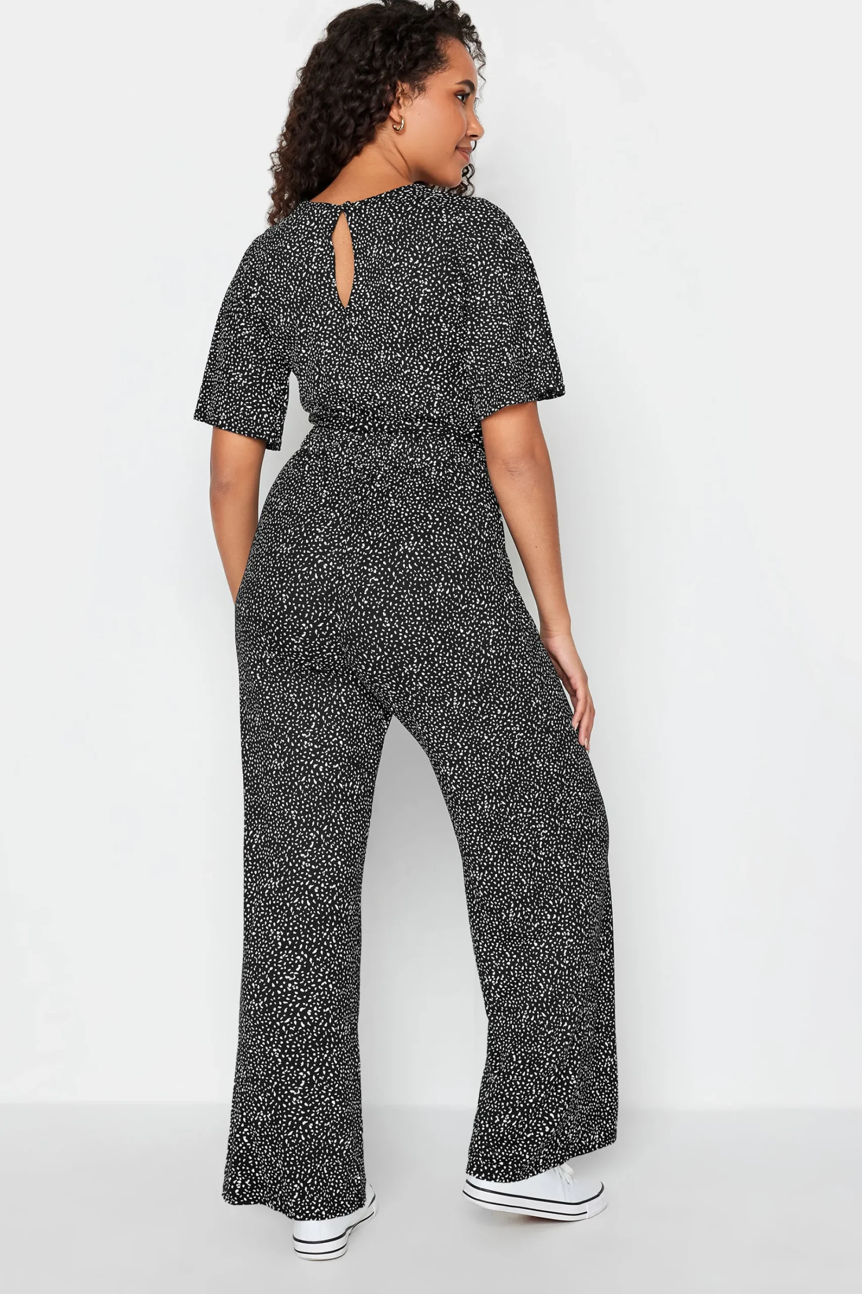 M&Co Womens M&Co Black Spot Print Wrap Wide Leg Jumpsuit