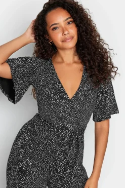 M&Co Womens M&Co Black Spot Print Wrap Wide Leg Jumpsuit