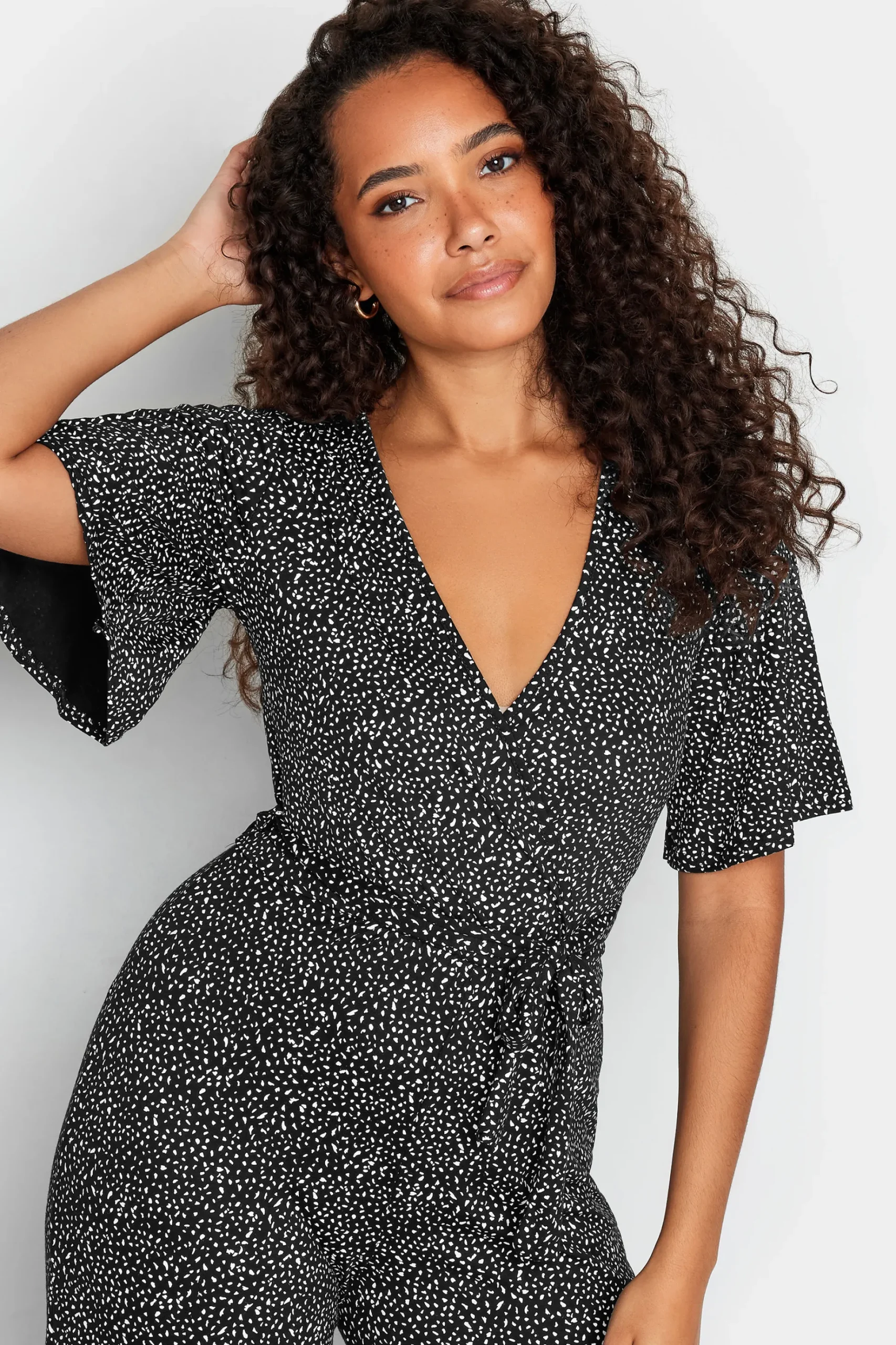 M&Co Womens M&Co Black Spot Print Wrap Wide Leg Jumpsuit